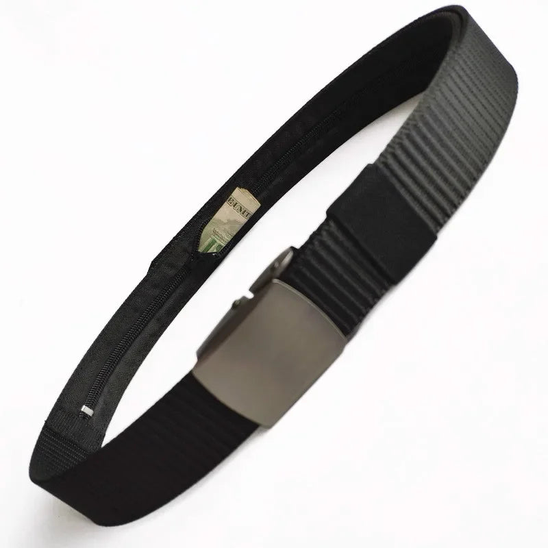 Canvas Belt with Alloy Buckle and Hidden Zipper Wallet