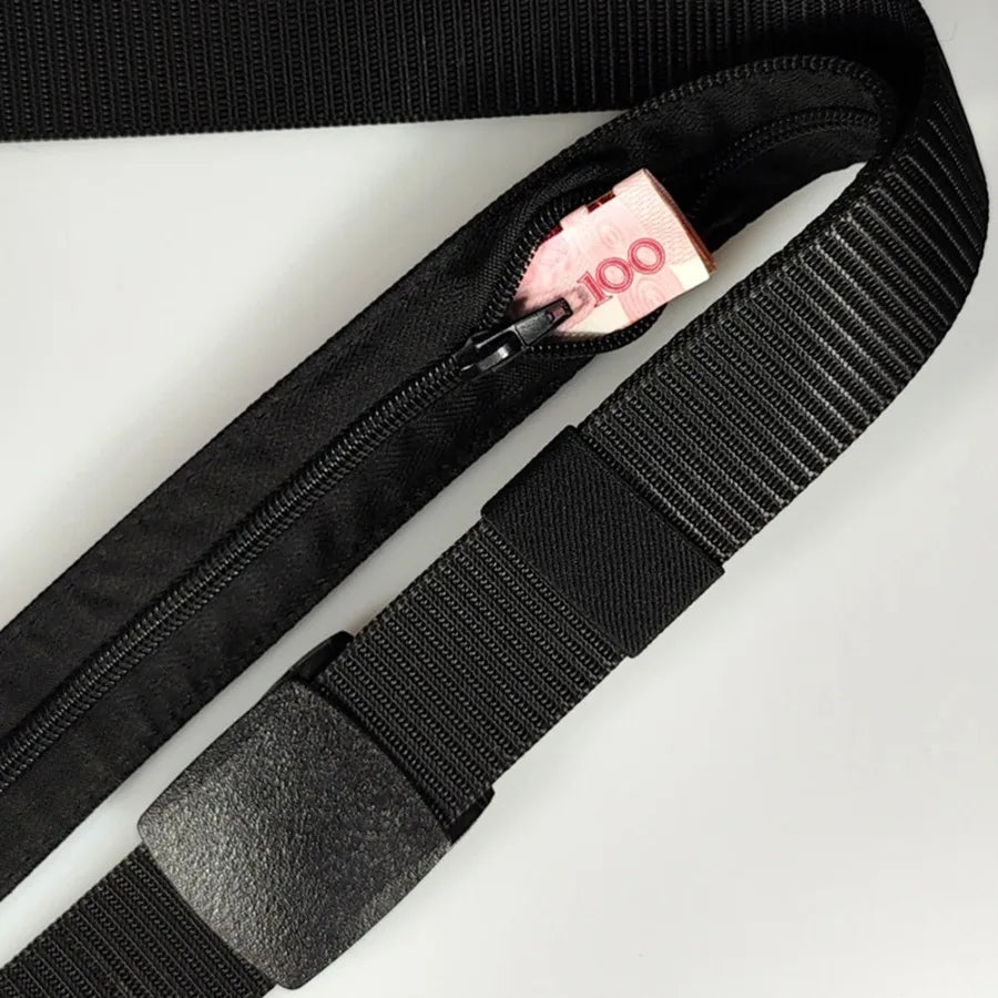 Plastic Buckle Travel Belt with Hidden Zipper Wallet