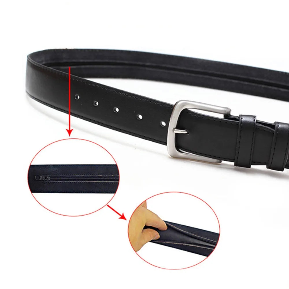 Leather Belt with Hidden Zipper Wallet
