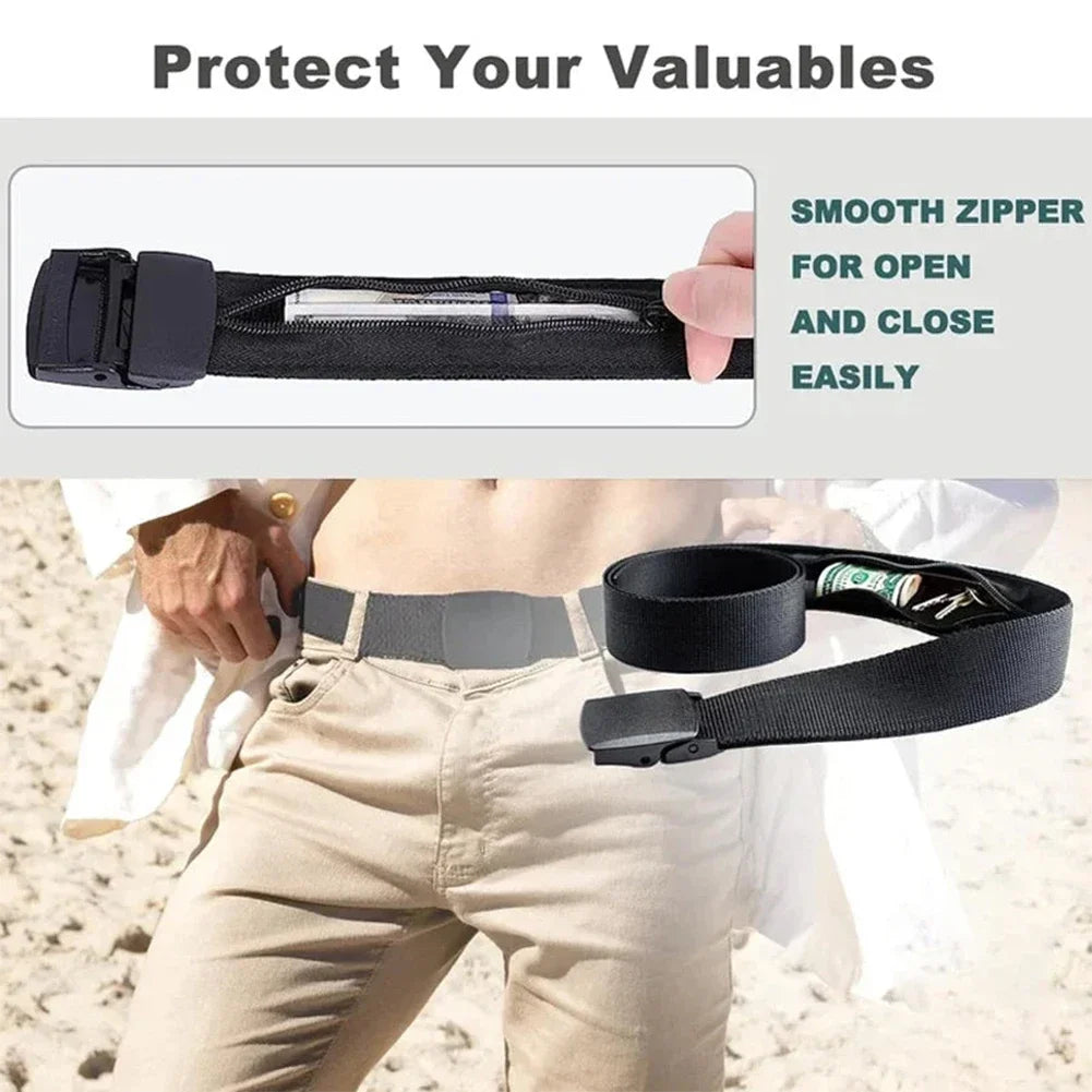 Plastic Buckle Travel Belt with Hidden Zipper Wallet