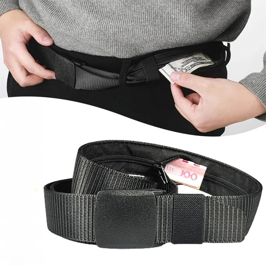 Plastic Buckle Travel Belt with Hidden Zipper Wallet