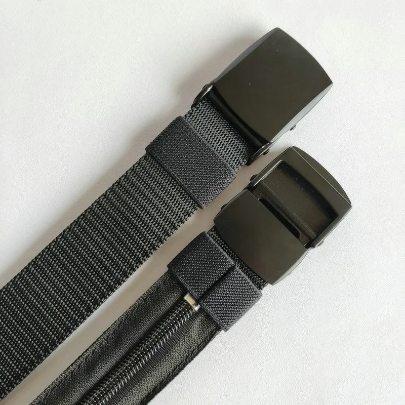 Canvas Belt with Alloy Buckle and Hidden Zipper Wallet