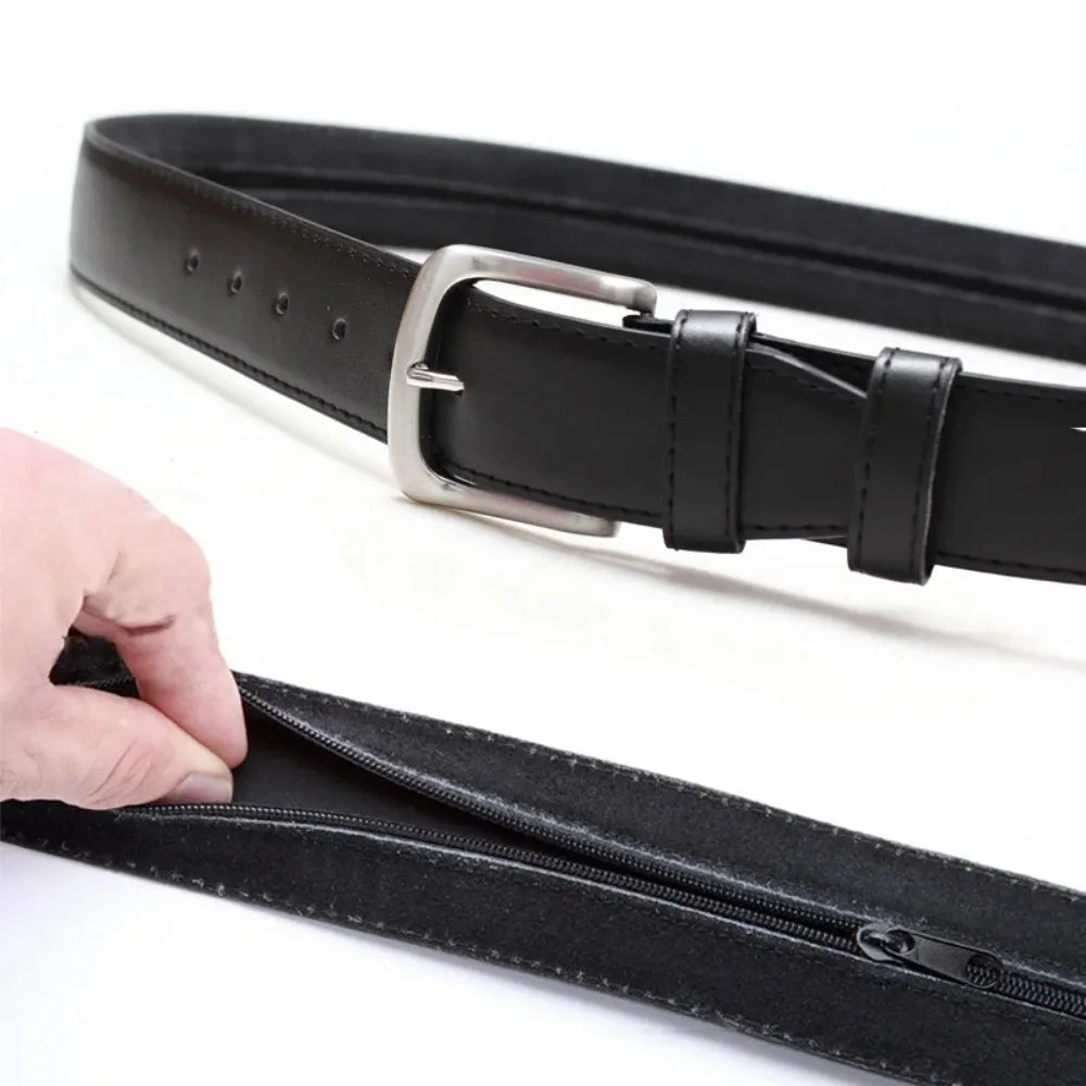 Leather Belt with Hidden Zipper Wallet