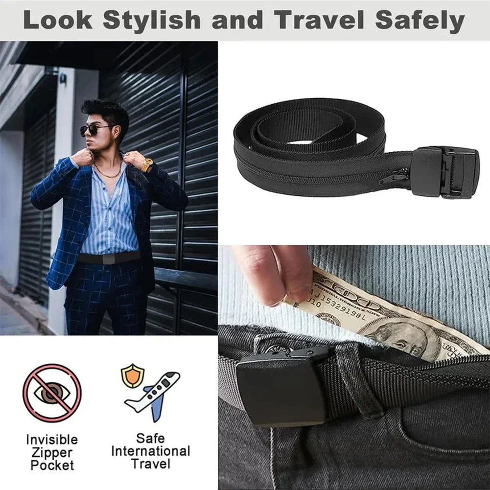 Plastic Buckle Travel Belt with Hidden Zipper Wallet