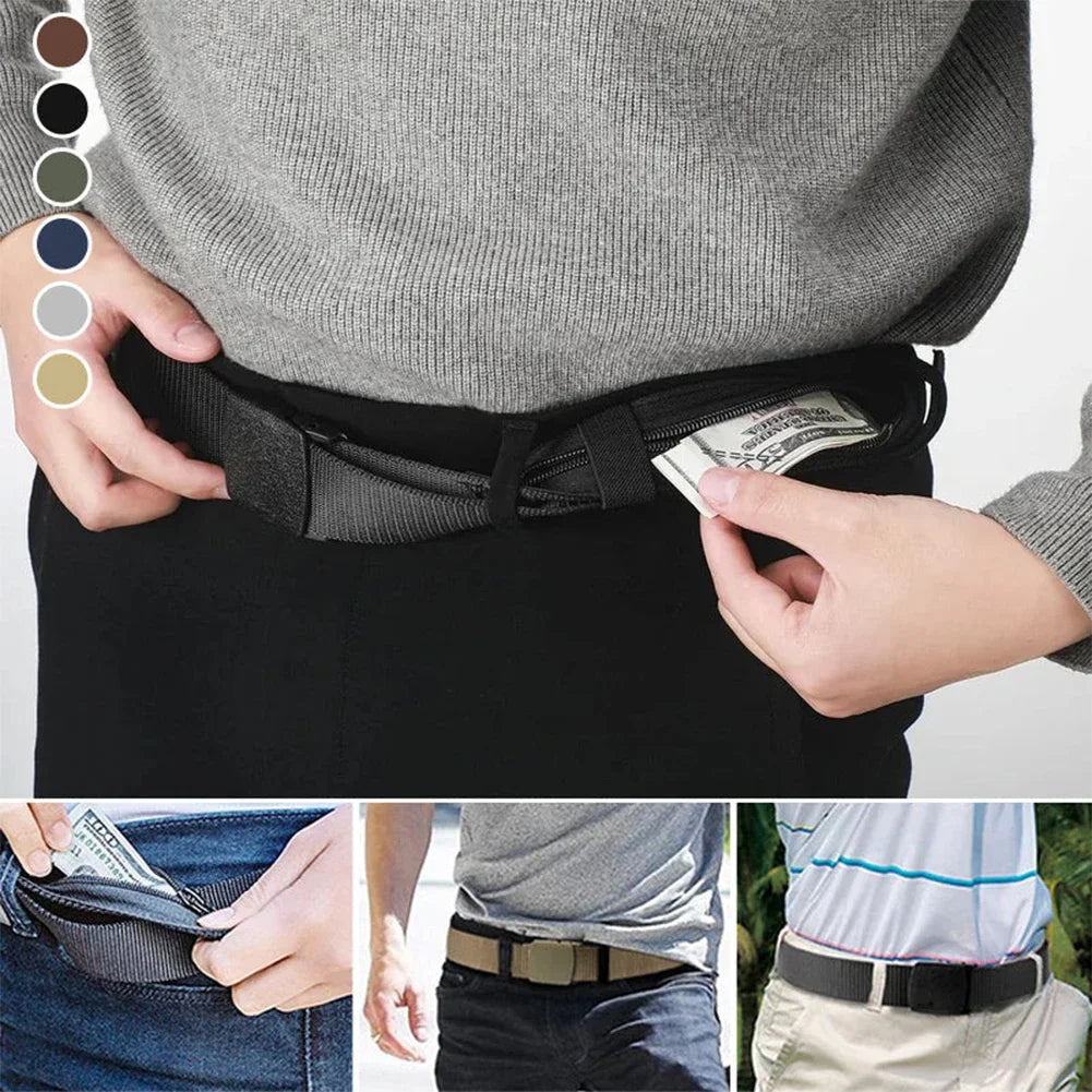 Plastic Buckle Travel Belt with Hidden Zipper Wallet