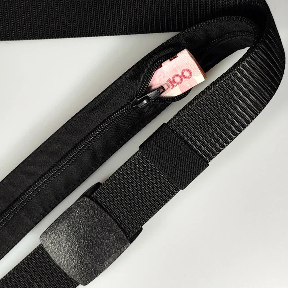 Plastic Buckle Travel Belt with Hidden Zipper Wallet