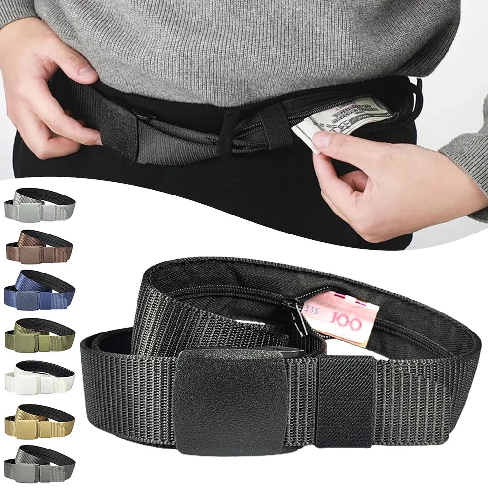 Plastic Buckle Travel Belt with Hidden Zipper Wallet