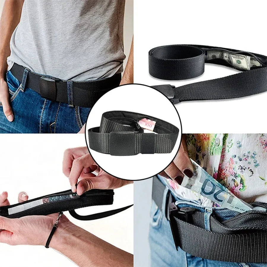 Plastic Buckle Travel Belt with Hidden Zipper Wallet